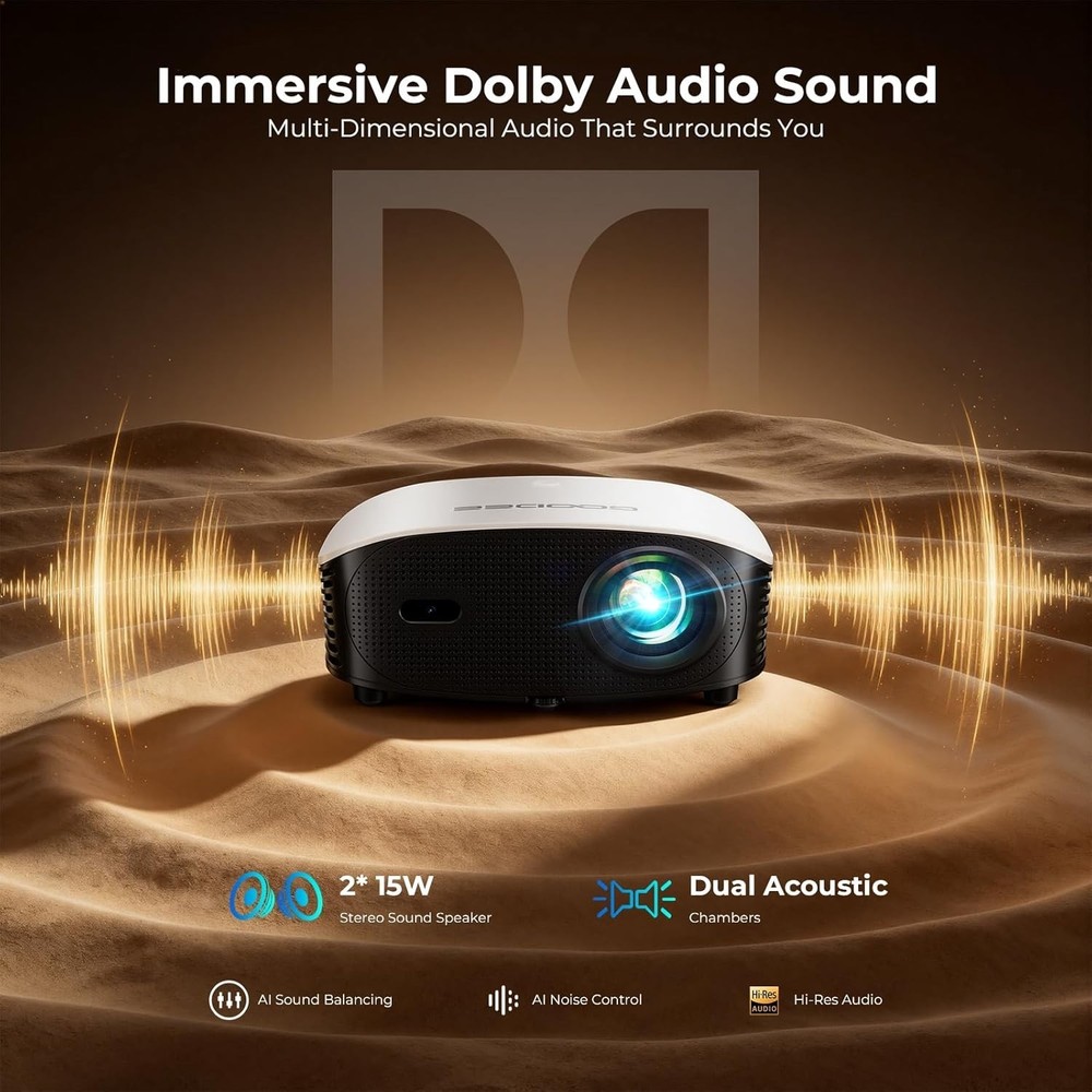 Smart Mini Projector with WiFi and Bluetooth - 1200 ANSI 4K Support, Compatible