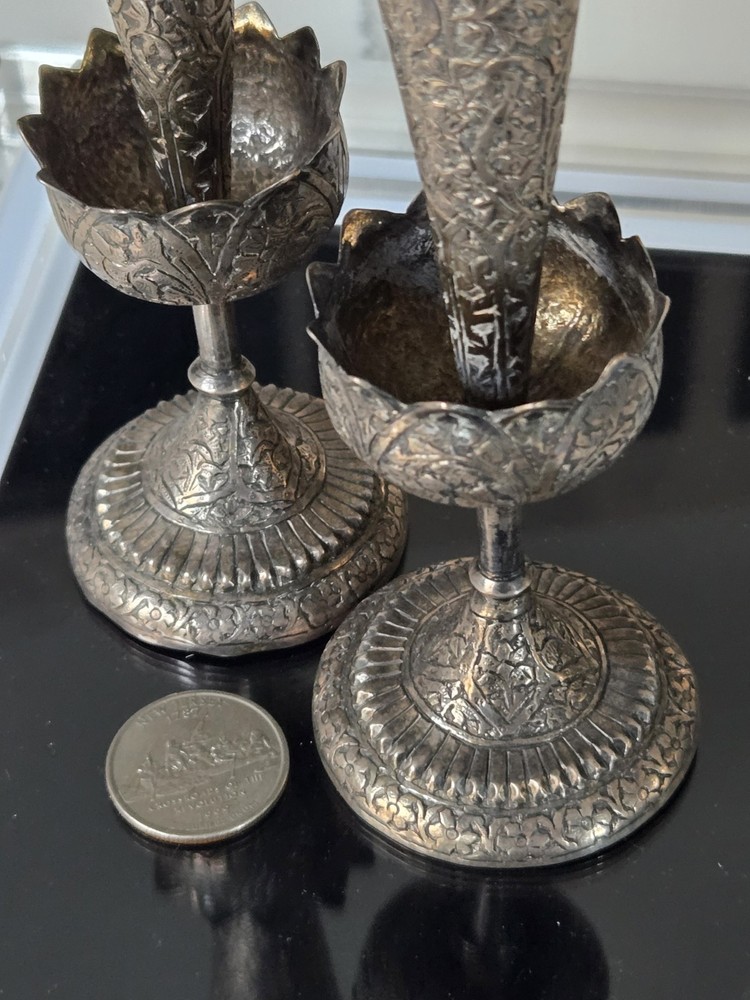 Pair Of Antique Solid Silver India Kashmir Vase