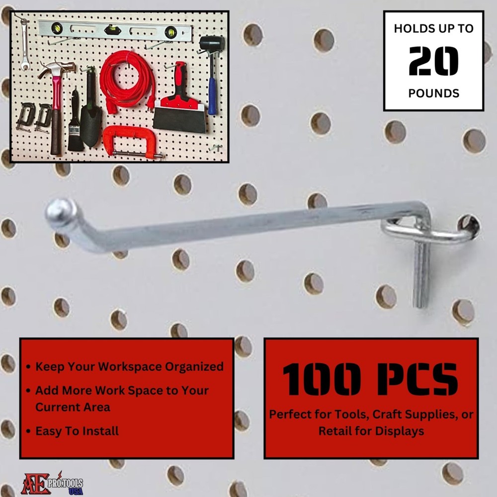 [100 Pack] 6" Pegboard Hooks | Tool Organization Hooks for 1/8" & 1/4" Pegboards