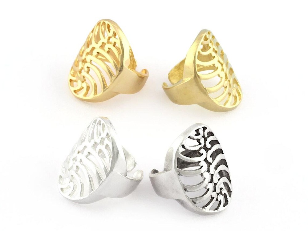 Oval Ring Adjustable Raw Brass,Antique Silver Shiny silver-gold (8us) 5355