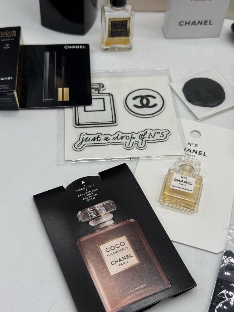 Chanel Misc Lot Perfume Sample Box Bag Sticker Mascara Mirror