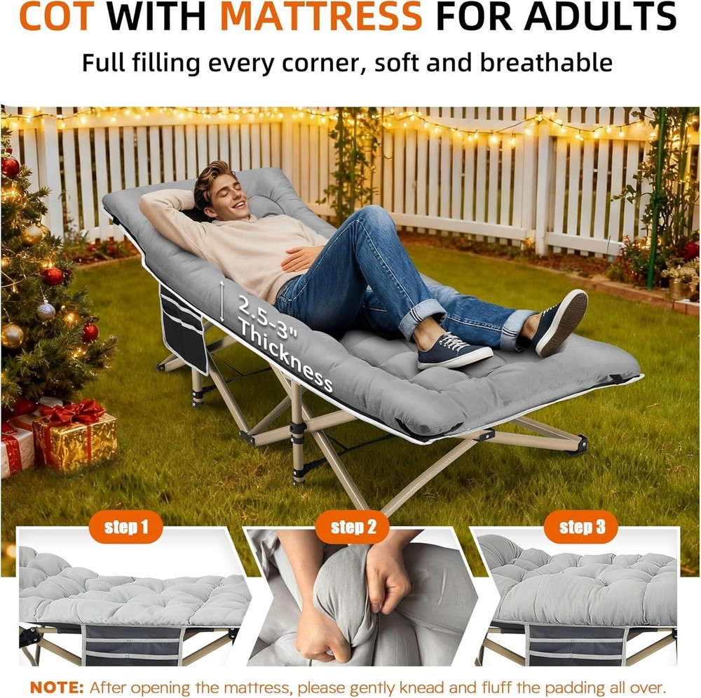 Portable Camping Cot 600LBS Max Load Extra Wide W/ Thick Mattress Folding Cot