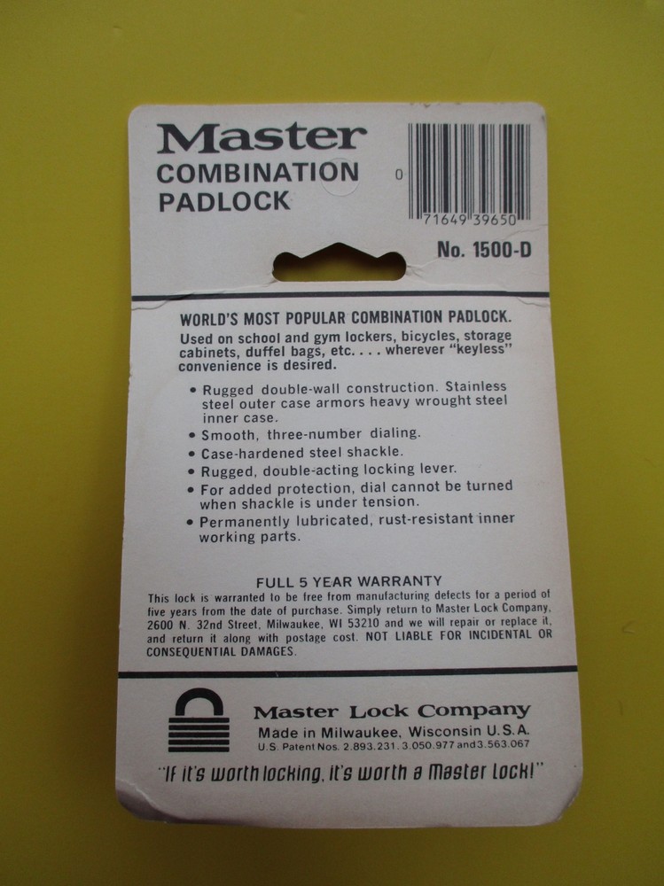 Master Lock Anti-Shim 3-Digit Combination Lock #1500D Black Vault