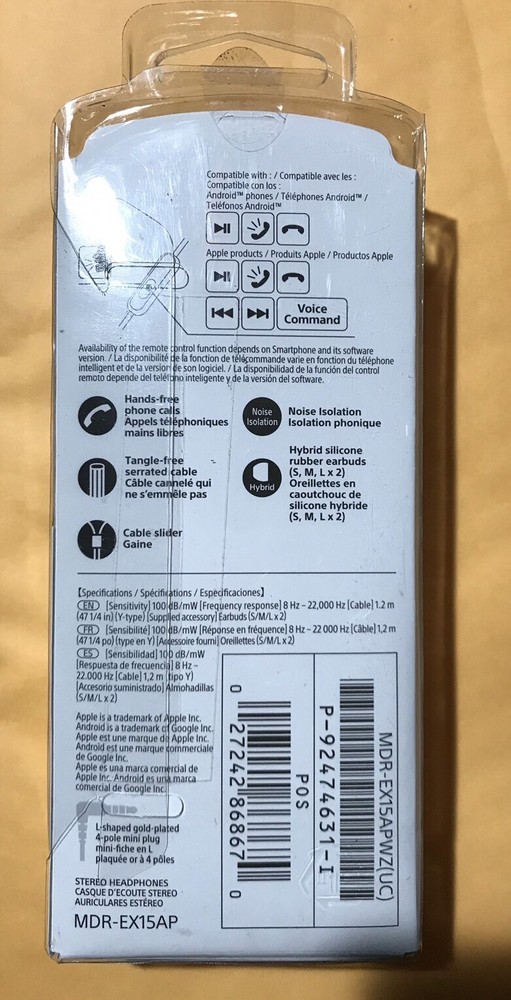 Sony MDR-EX15AP Smartphone Earbuds with Microphone, White