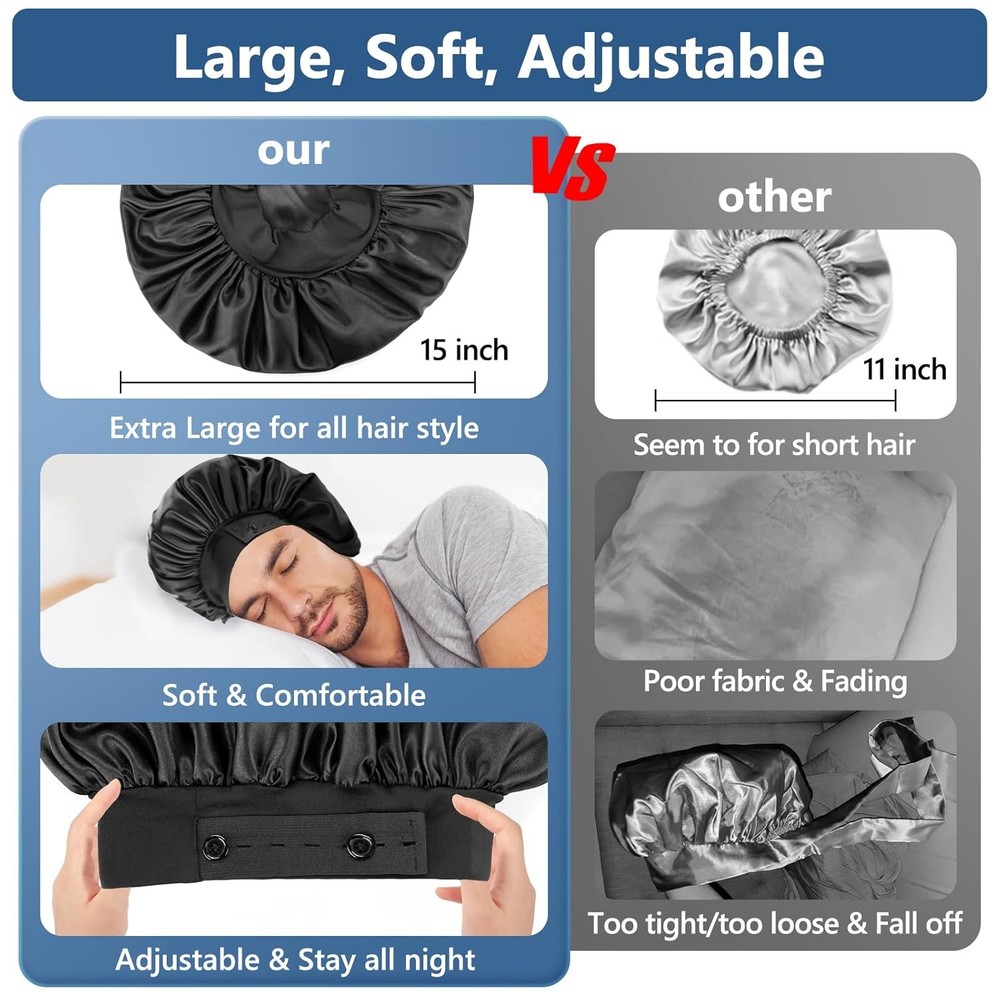 Silk Bonnets for Men, Satin Bonnet Sleeping, Adjustable Men Black+black