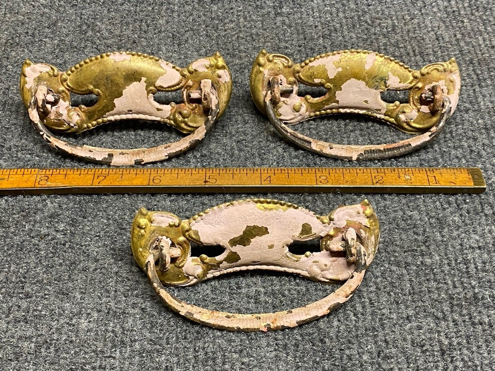 (3) Antique Brass Drawer Pulls 3” With Cast Iron Bails