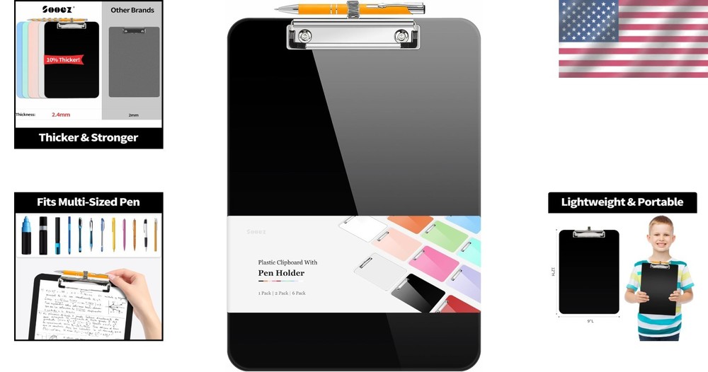 Smooth Writing Surface Clipboard, Strong Plastic with 100 Sheet Capacity - Black