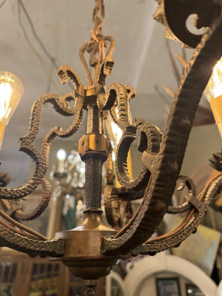 1920s Bronze Five Light Chandelier with Dangle Details Rewired