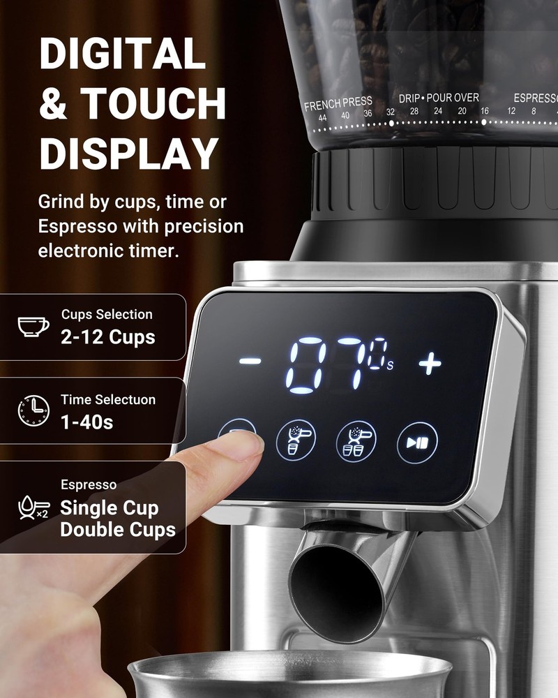 AMZCHEF Coffee Grinder, Burr Bean Grinder 48 grinding settings, Silver