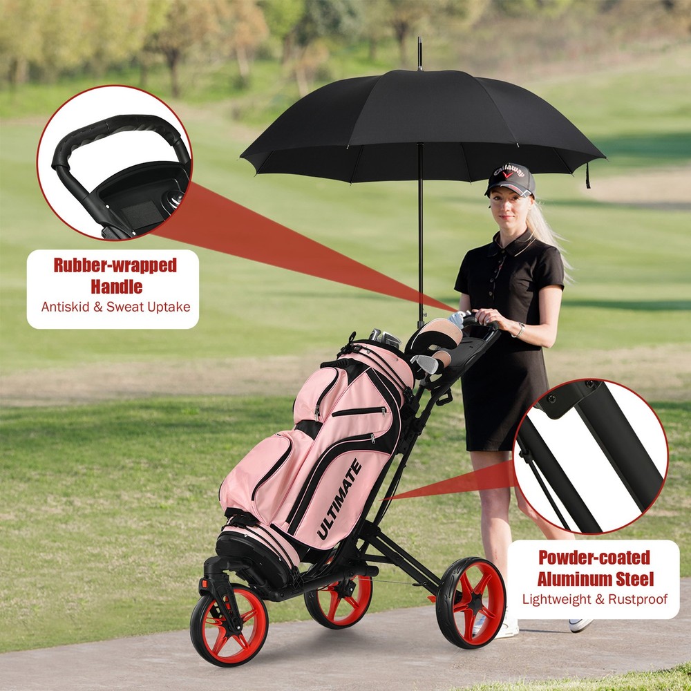 3 Wheels Foldable Golf Push Pull Cart Trolley w/ Adjustable Handle Brake Red