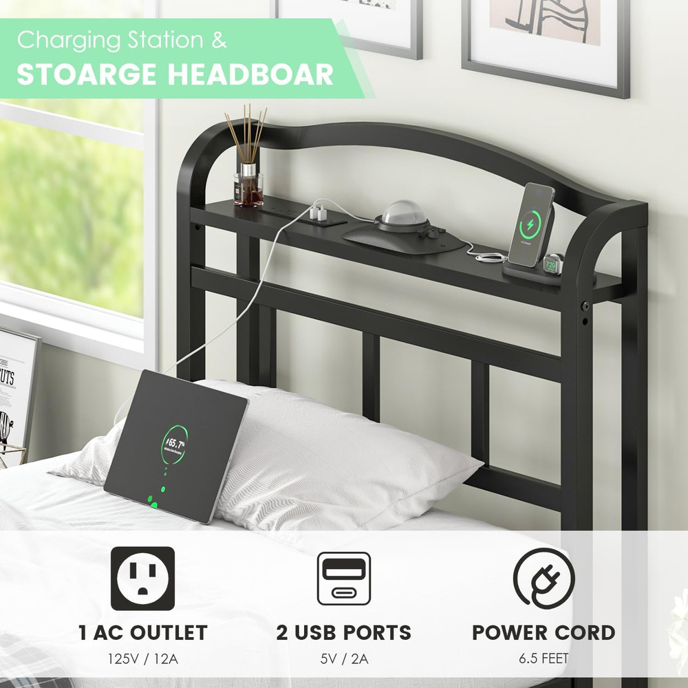 Twin Size Bed Frame with Storage Headboard & Star Projector, Easy Assembly