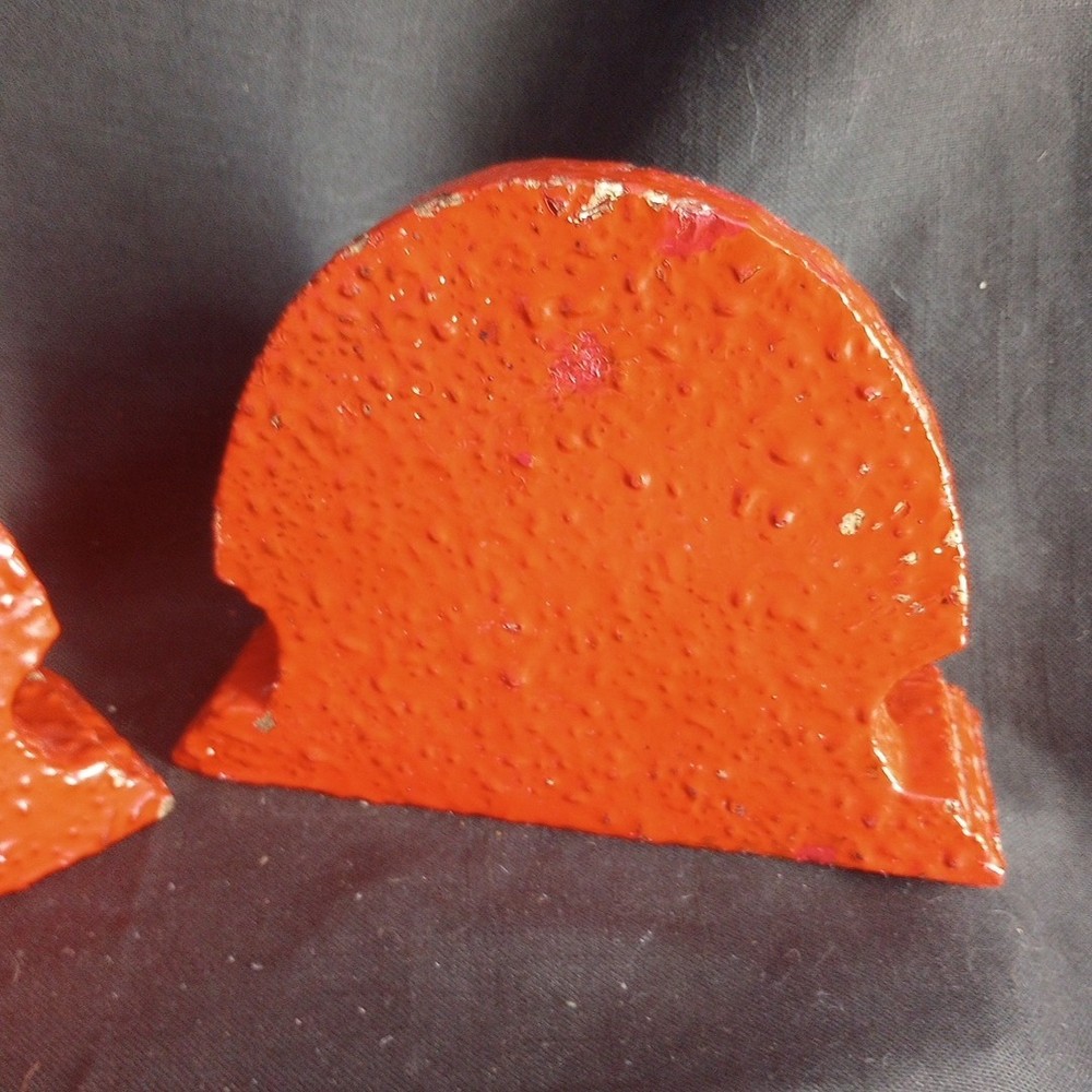 Vintage Orange Red Painted Bumpy Composite Ship Bookends Rustic As Is 5.75" Tall