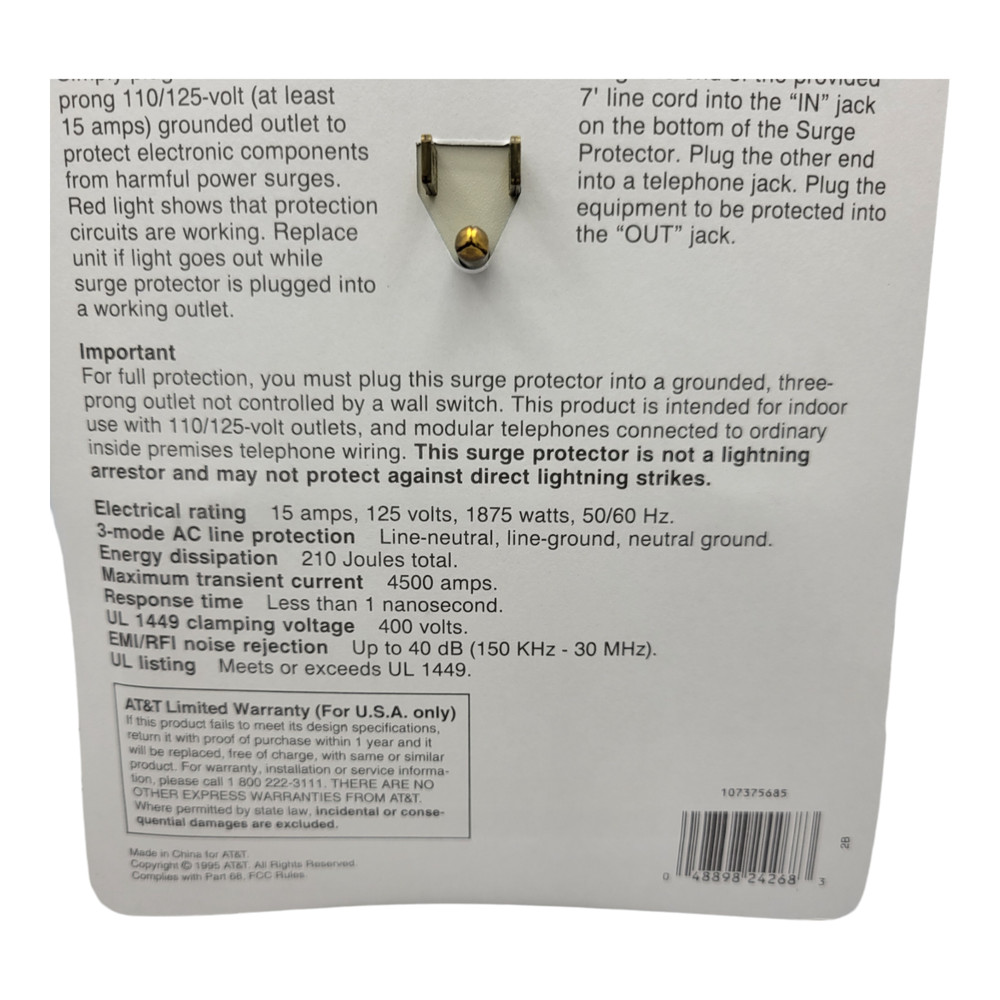 AT&T 24268 Surge Protector Electronics Protector Power Outlet Plug Noise Filter