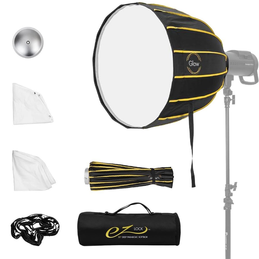 Glow EZ Lock 20" Deep Parabolic Quick Softbox, 16-Sided black, silver