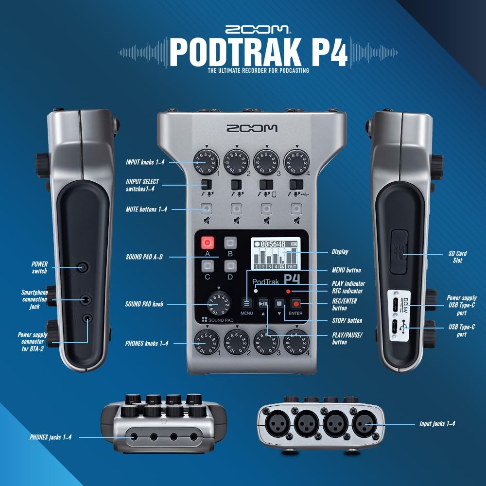 Zoom PodTrak P4 Portable Multitrack Podcast Recorder, Audio Interface w/ 4 Mi...