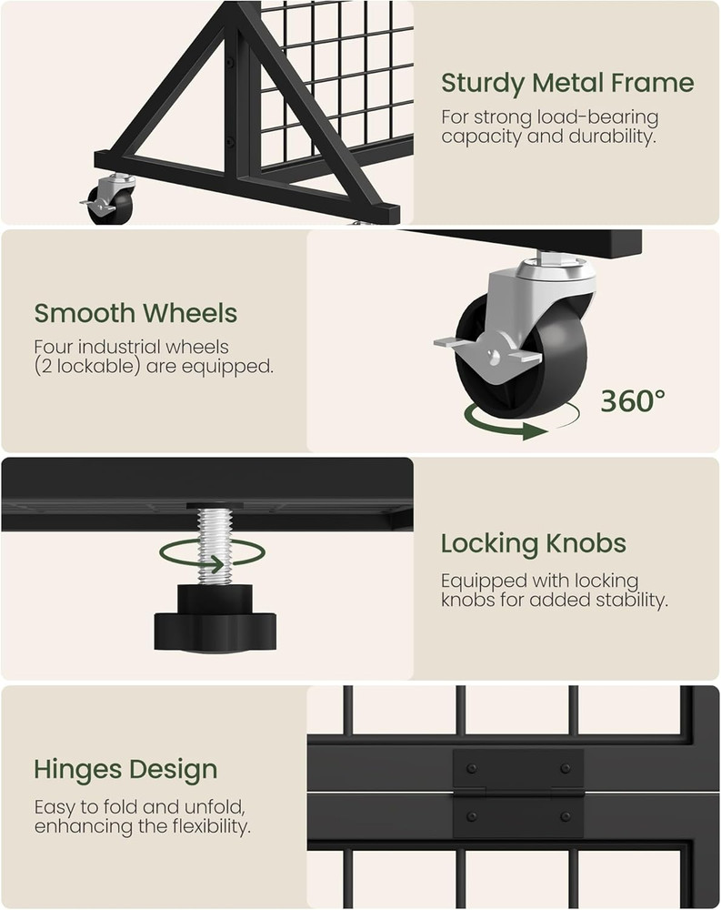 Foldable Grid Wall Panel 1.9' x 5.6', Movable Display Rack with Hooks, Black