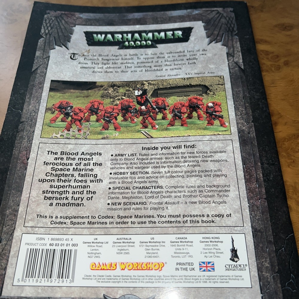 Blood Angels Space Marines 3rd Edition Codex Warhammer 40k 1998 - Immaculate**