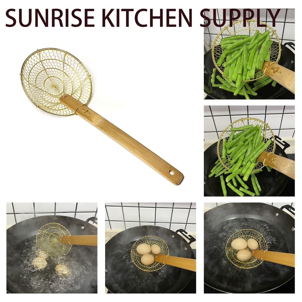Sunrise Kitchen Supply 6" Round Brass Spider Strainer with Bamboo Handle