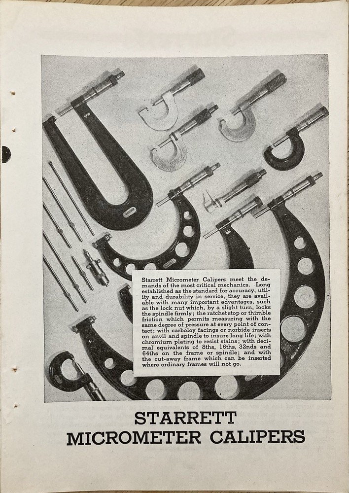 L.S. STARRETT CO. ATHOL, MASS. 1938 MICROMETER CALIPER CATALOG PAGES