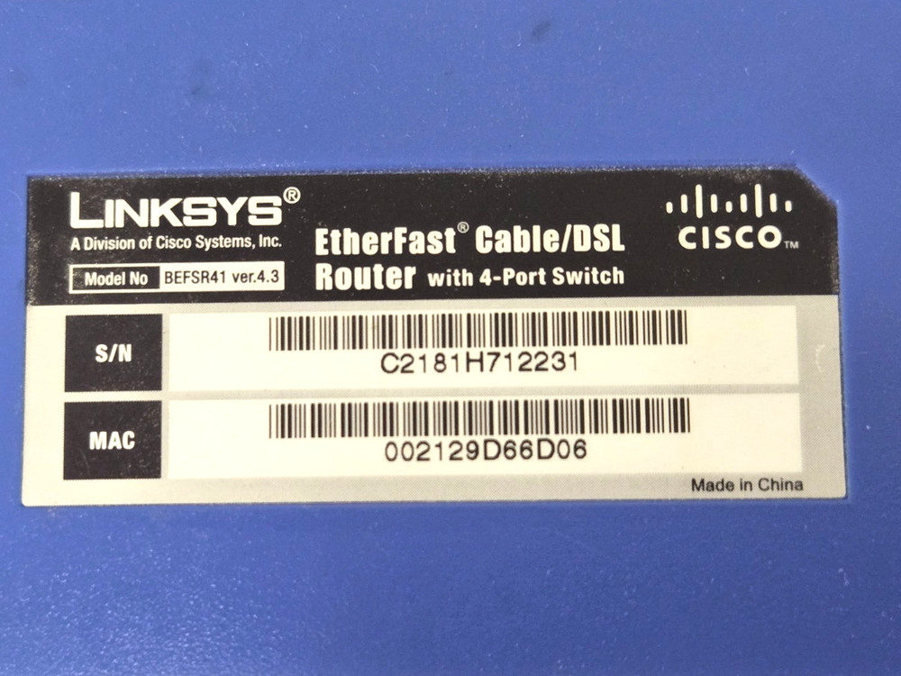LINKSYS ETHERFAST CABLE/DSL ROUTER W/ 4-PORT SWITCH BEFSR41