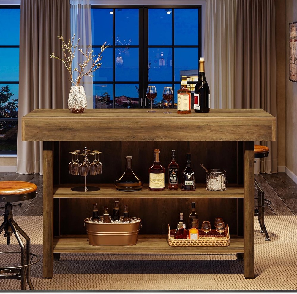 57.48-Inch Rectangular Bar Table, Industrial Home Bar Unit with Metal Footrest