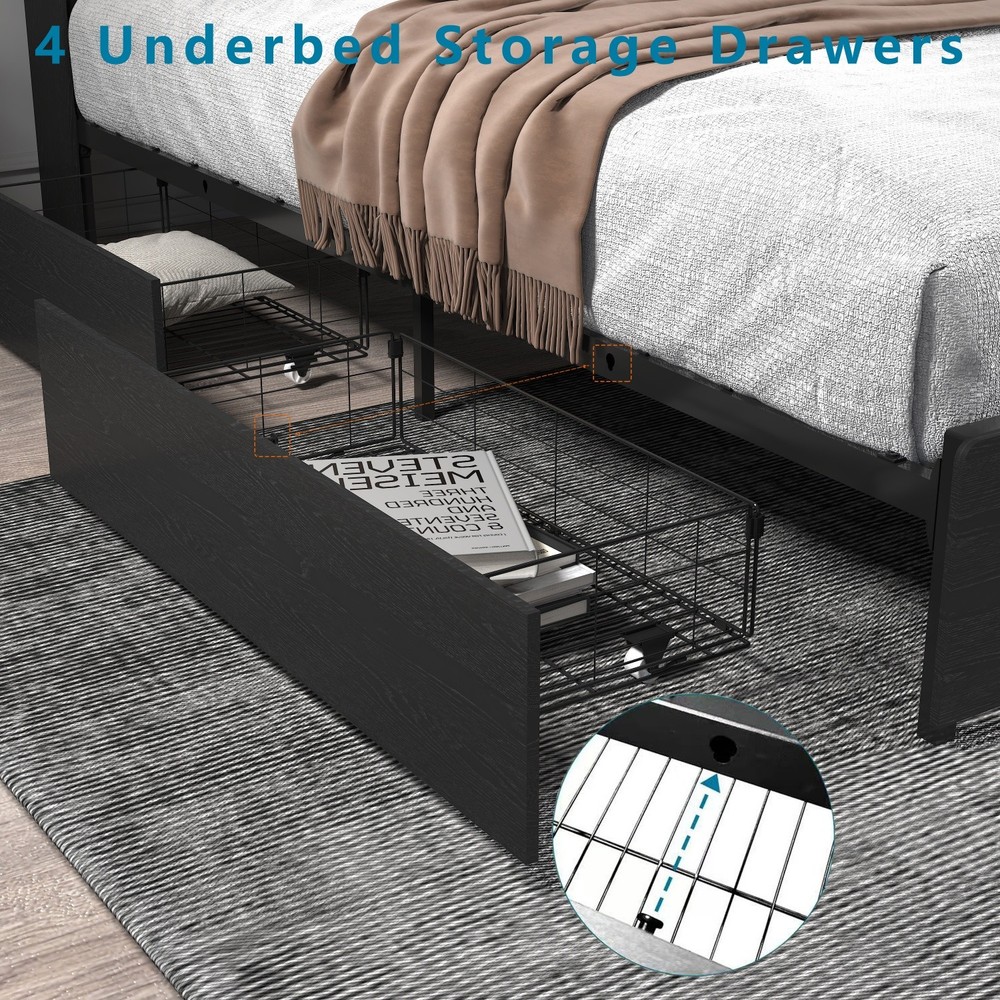 Full/Queen Size Platform Bed Frame w/ LED Lights & Storage Headboard & 4 Drawer