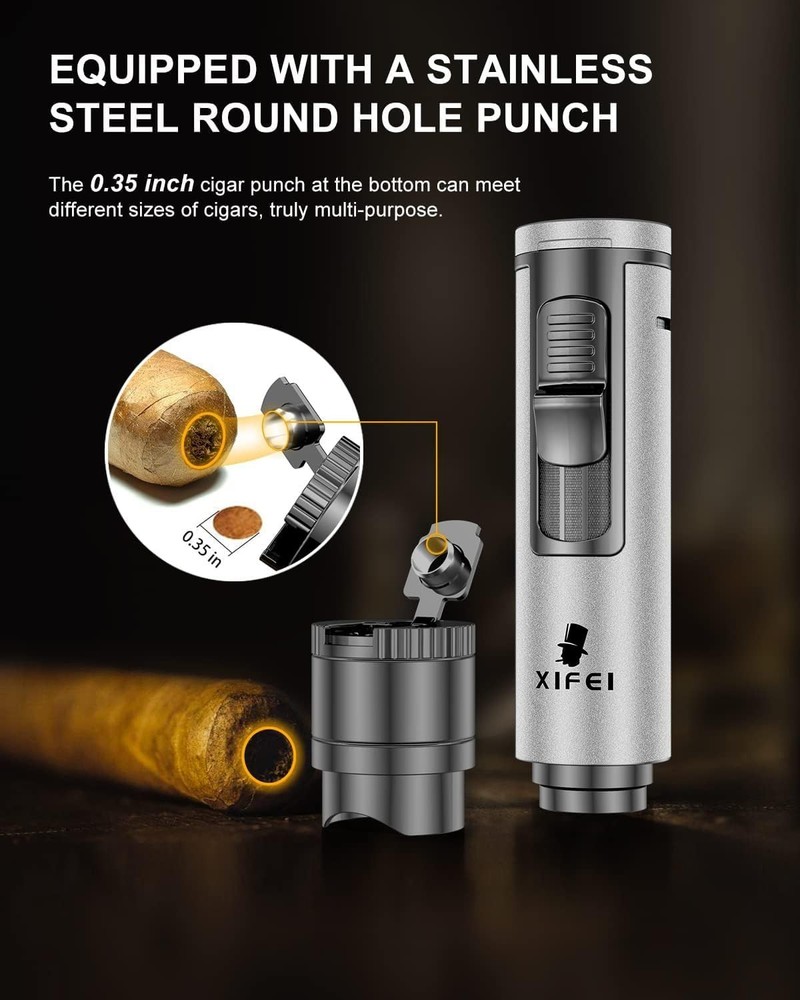 Cigar Lighter, Refillable Torch Lighter with Cigar Punch, Cigar Draw En