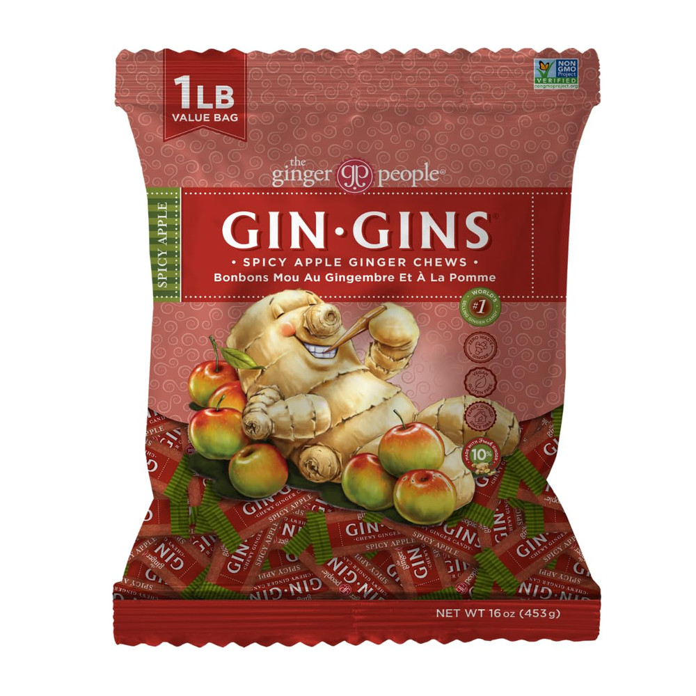 Gin Gins Spicy Apple Ginger Chews, Natural Ginger Candy, 1 Lb Bag