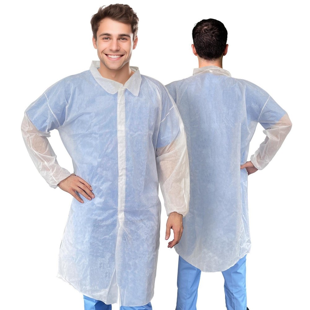 White Disposable Lab Coat Polypropylene Protective PPE 10 Pack Large Size