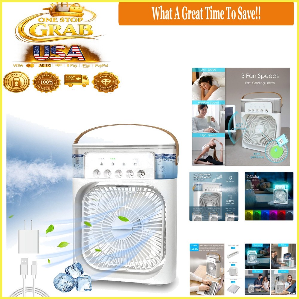 Portable Mini Air Cooler Fan with LED Lights 3 Speeds Timer Humidifier