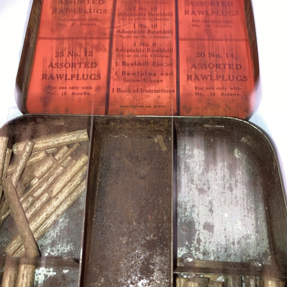 Vintage original Rawlplug tin and contents - 16 tools