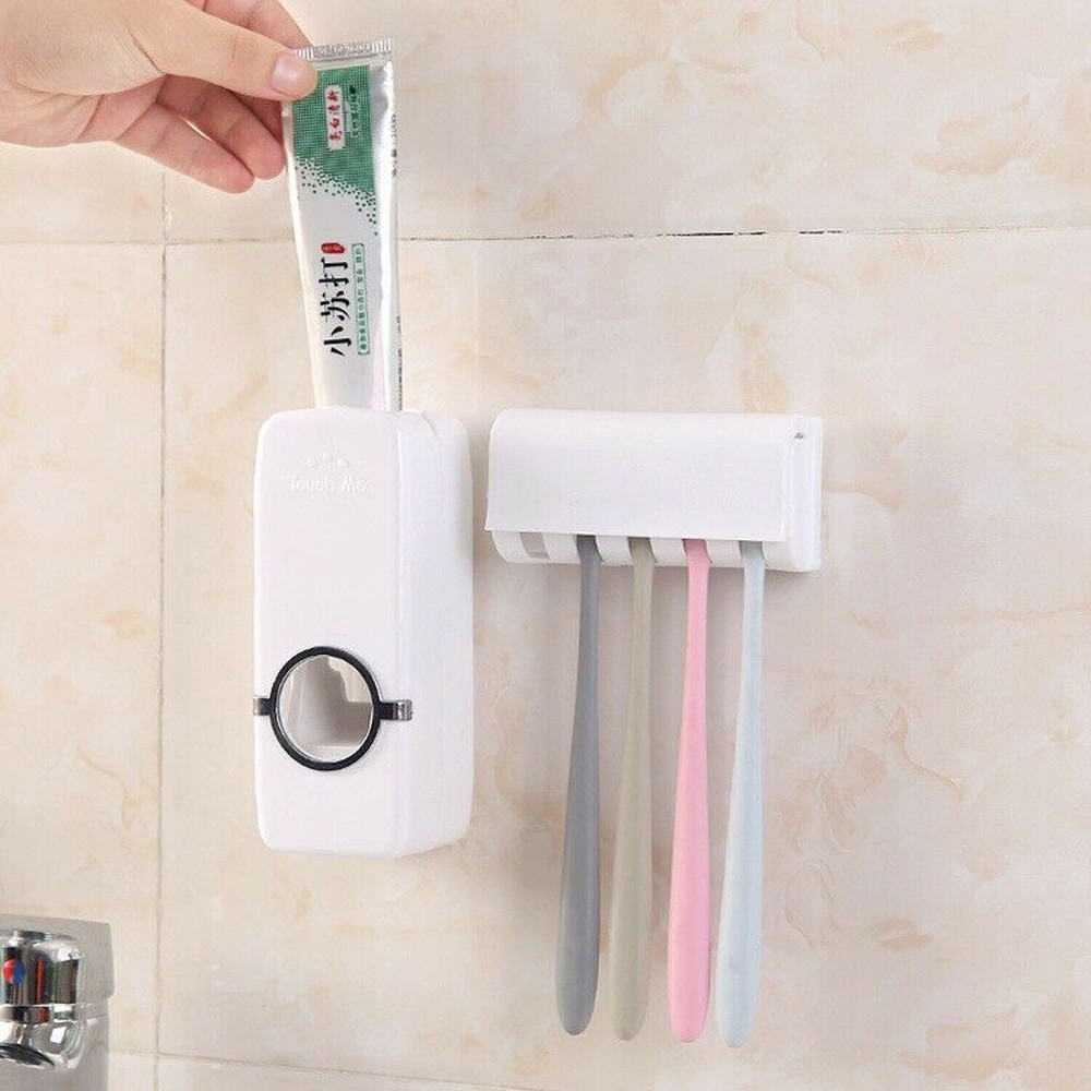 Automatic Toothpaste Dispenser and 5 Toothbrush Holder Set Wall Mount Stand