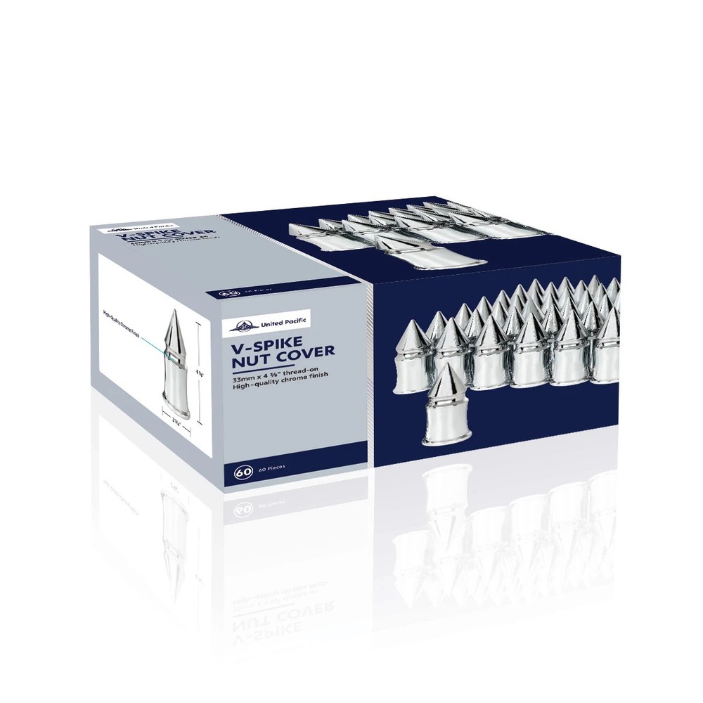 33mm X 4-3/8" Chrome Plastic V-Spike Nut Covers - Thread-On (60-Pack)