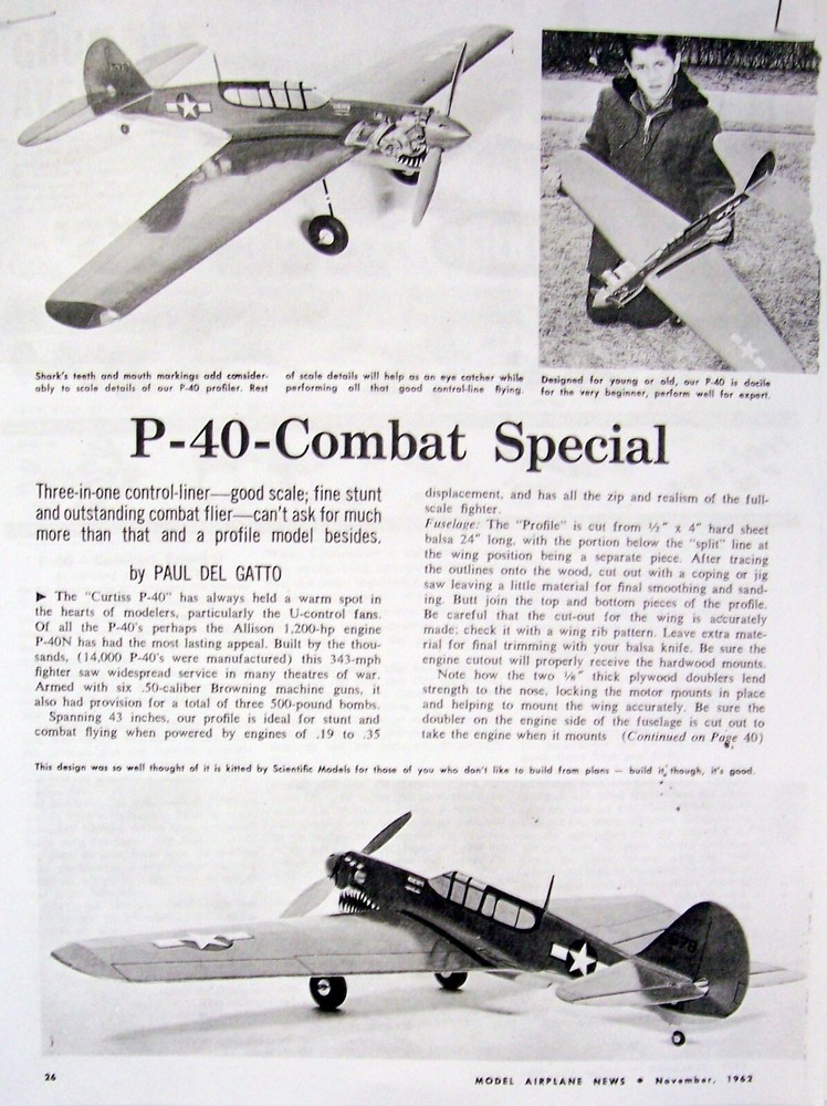 P-40 PLANS + CONSTRUCTION ARTICLE to Build 43" Profile UC Stunt Model Airplane
