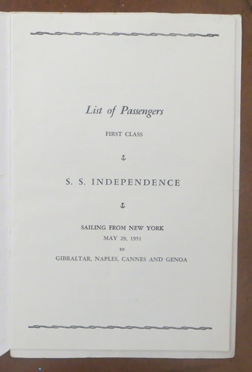 INDEPENDENCE (American Export) 1951 First Class Passenger List