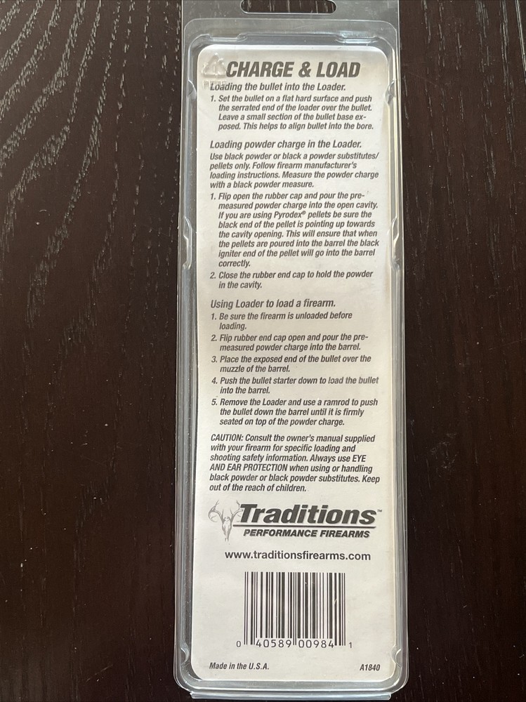 Traditions Charge & Load Muzzleloading Loader A1840 NEW Bullet Starter