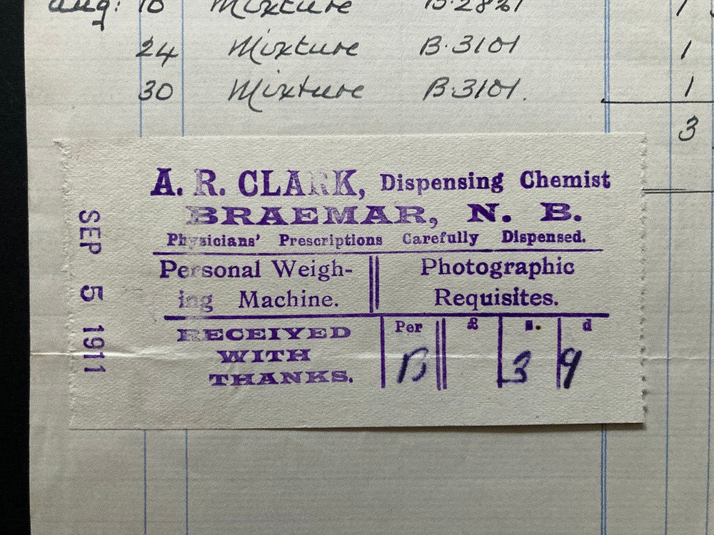 1911 AR Clark Chemist Pharmacist Braemar bill invoice advice