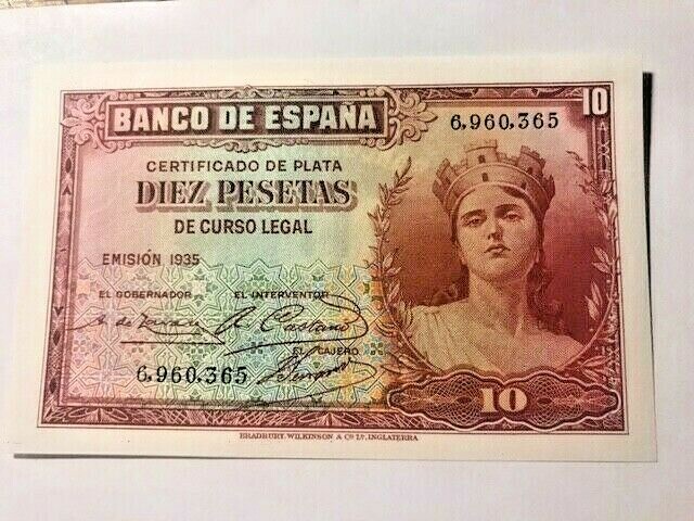 1935 Spain 10 Pesetas Note Gem CU #15676