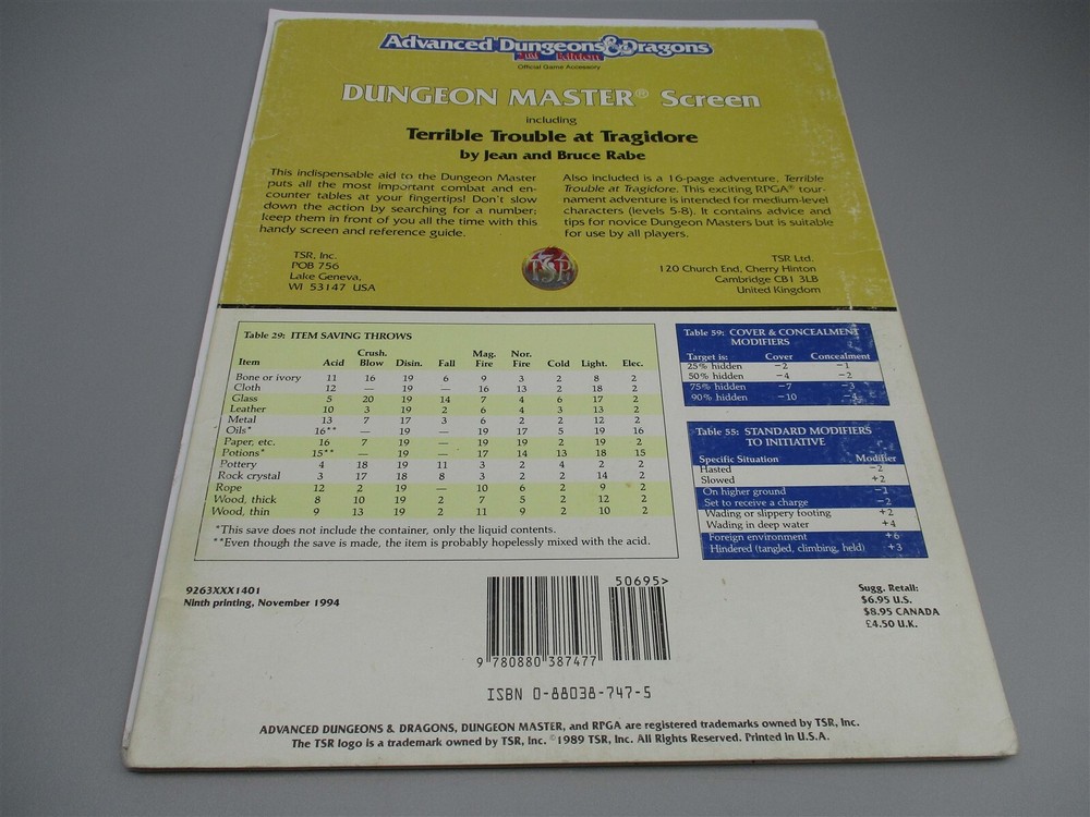 Advanced Dungeons & Dragons: 2nd ed Dungeon Master Screen w/ Tragidore 9263