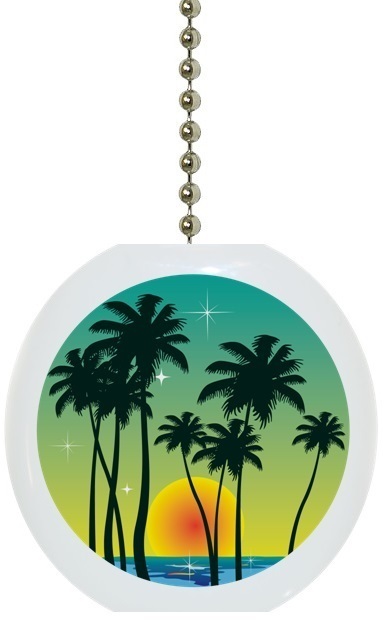 Tropical Sunset Palm Tree Solid CERAMIC Ceiling Fan Light Lamp Pull