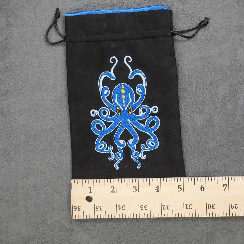 Octopus Embroidered Drawstring Dice Bag Blue Lined RPG Accessory Storage Pouch