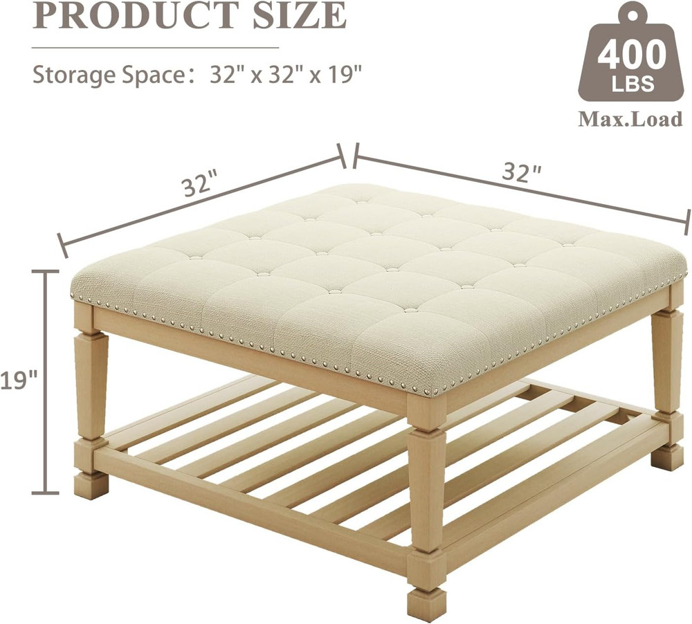 Ivory Large Square Ottoman Coffee Table with Storage & Tufted Upholstery