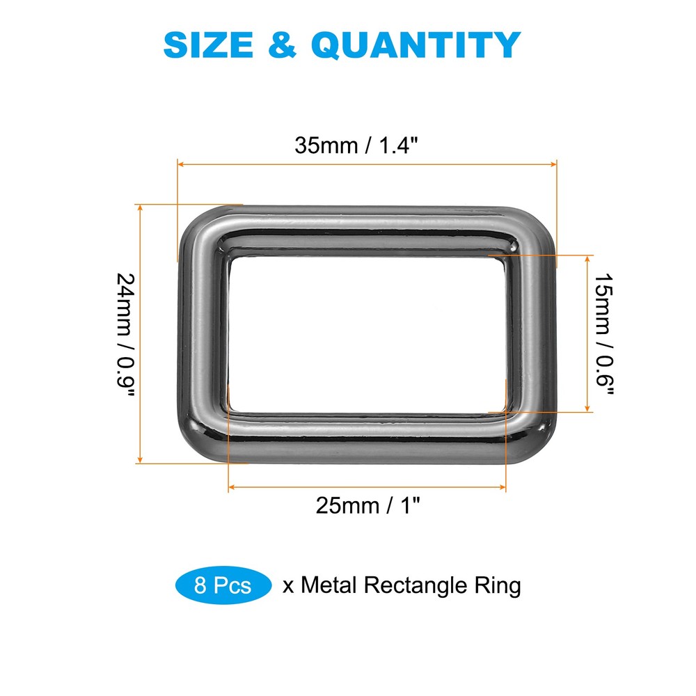 8 Pcs 1" / 25mm Flat Metal Rectangle Rings Buckle Square Loop, Black