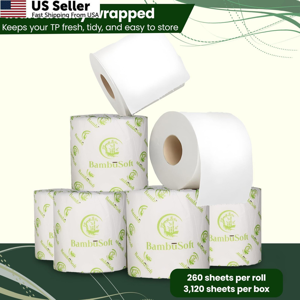 Bambu Soft Unbleached Bamboo Toilet Paper – 12 Mega Rolls (300 Sheets White