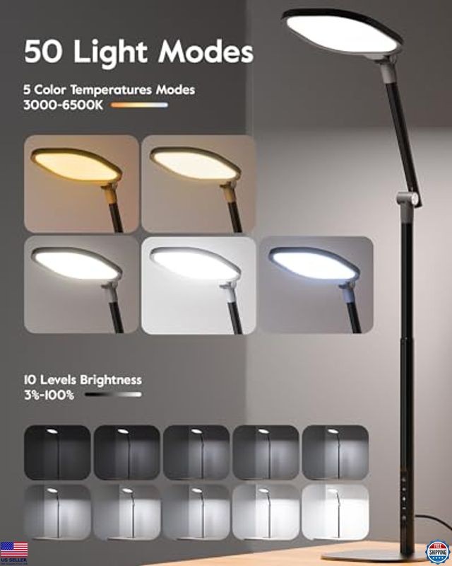 Stylish Black Tall LED Desk Lamp - 50 Modes, Memory, Timer & Adjustable Light