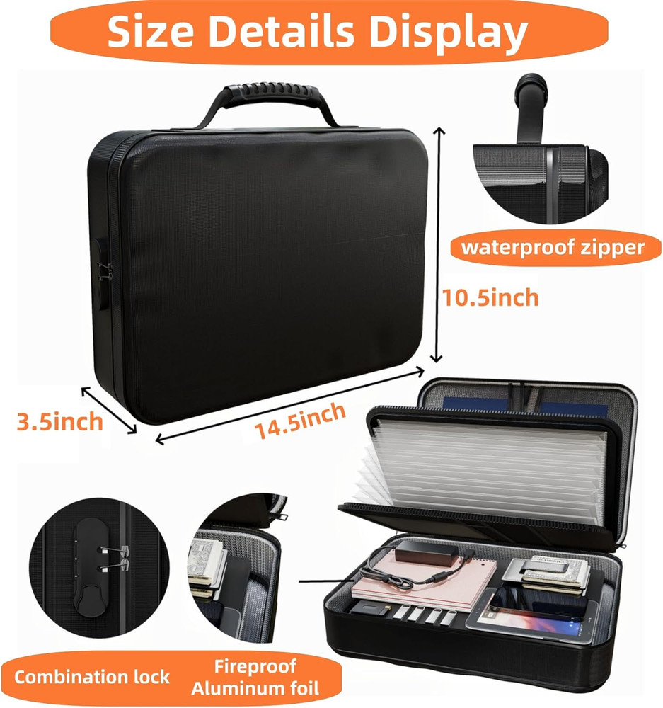 Fireproof Document Box with Lock & Waterproof Zipper for Secure Storage