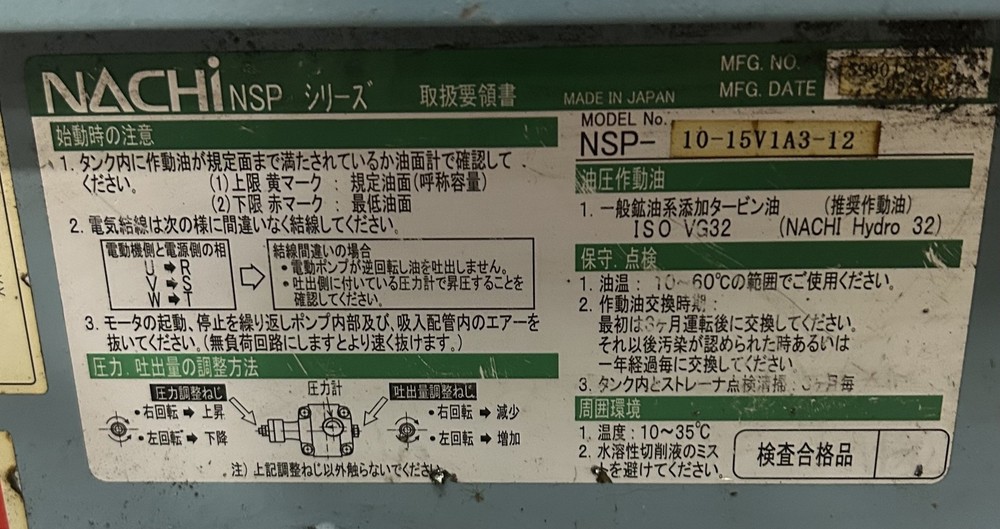 Nachi NSP-10-15V1A3-12 Compact Variable Pump Unit w/ 1.5kW, 3-Phase Induction Mo