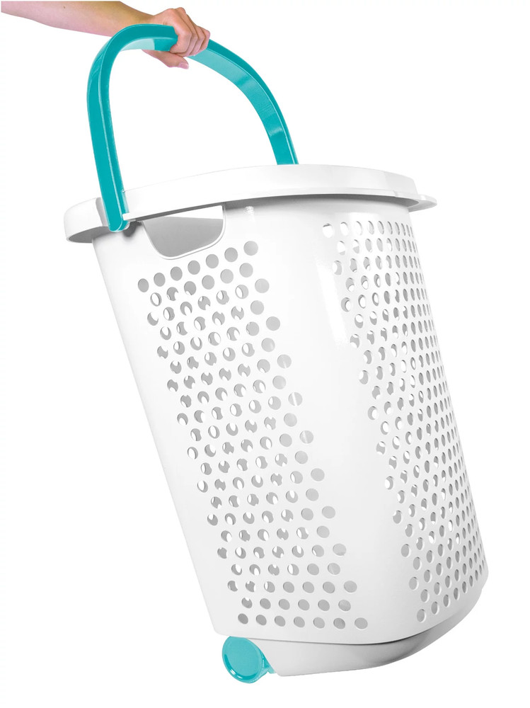 2 Bushel Rolling Plastic Laundry Hamper with Pop-Up Handle, White, Adult