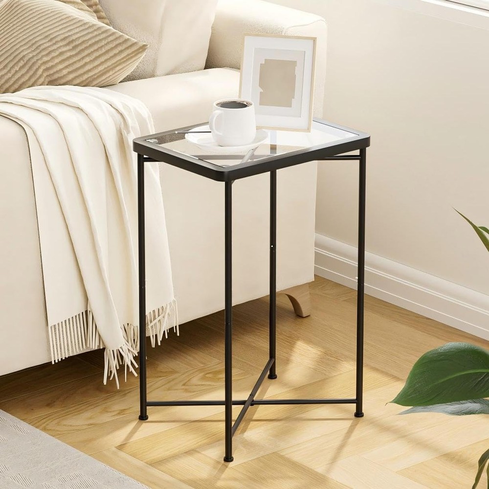 Small Side Table, Glass End Table, Outdoor Side Table with Metal Frame, Mini ...