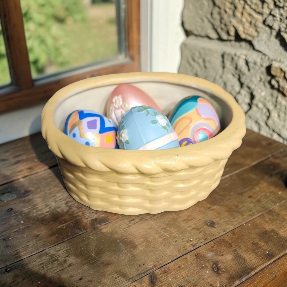 Vintage Easter Ceramic Basket with 3 Ceramic Eggs 1 Plastic Byron Molds Spring